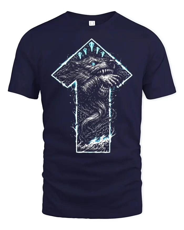Viking Fenrir Wolf Tyr Rune Norse Graphic Cotton T Shirt - navy t-shirt on white background