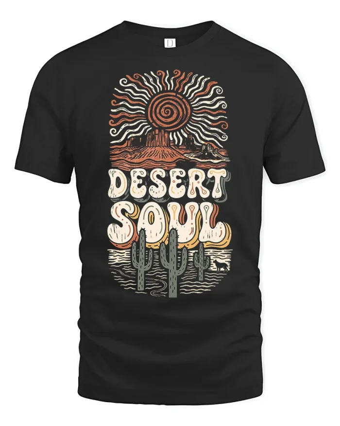 Vintage Desert Soul Cactus Sunset Graphic Cotton T Shirt - black t-shirt on white background
