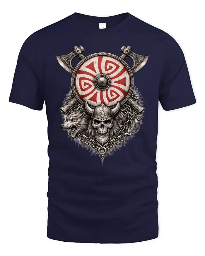 Viking Skull Axes Shield Wolf Graphic T-Shirt - navy t-shirt on white background