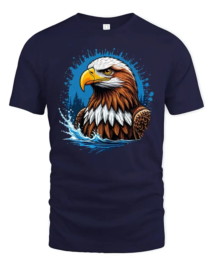American Bald Eagle Water Splash Art Graphic T-Shirt - navy t-shirt on white background