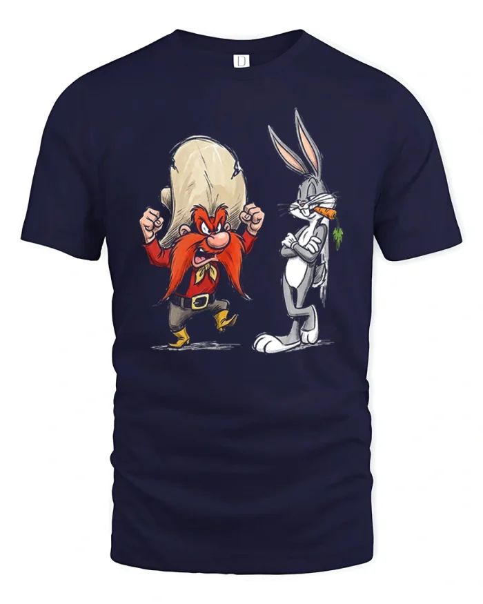 Bugs Bunny And Yosemite Sam Cartoon Humor Art T-Shirt - navy t-shirt on white background