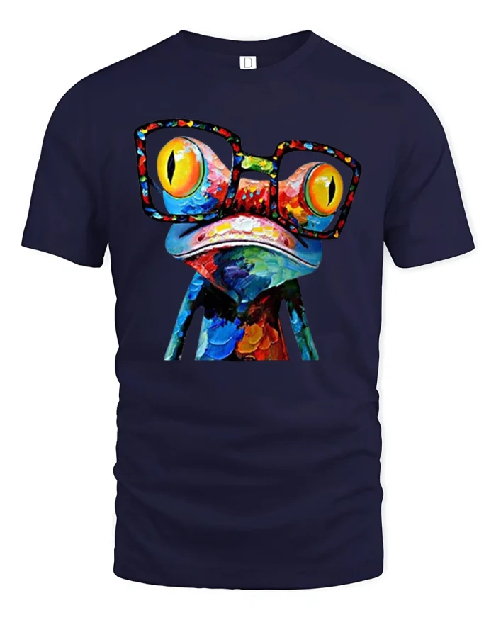 Colorful Frog Wearing Glasses Abstract Art T-Shirt - navy t-shirt on white background