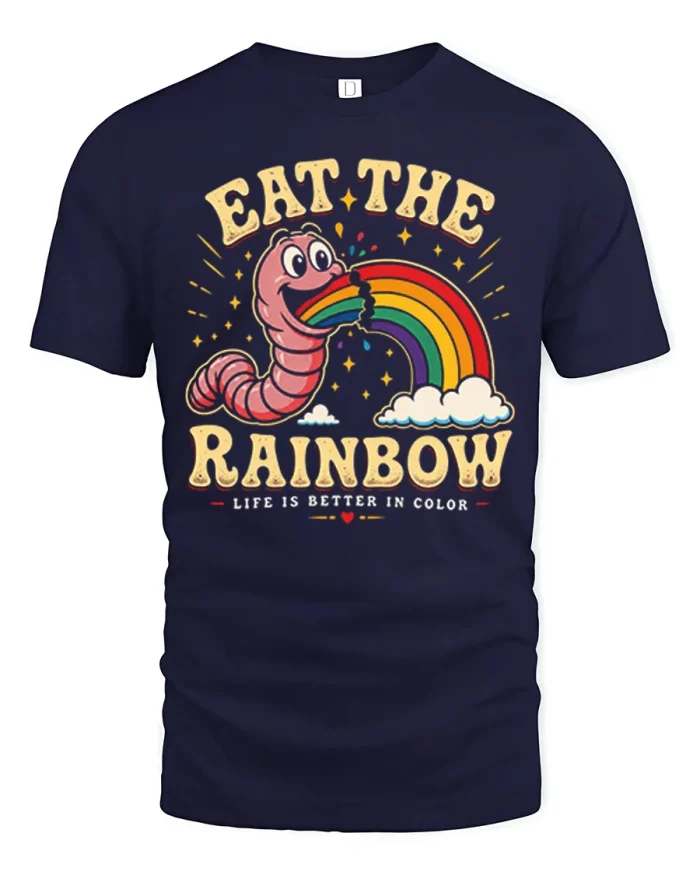 Eat The Rainbow Worm Funny Cute Cartoon Art T-Shirt - navy t-shirt on white background