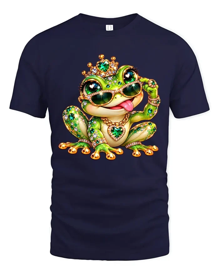 Bling Frog Crown Sunglasses Glitz Glamour Art T-Shirt - navy t-shirt on white background
