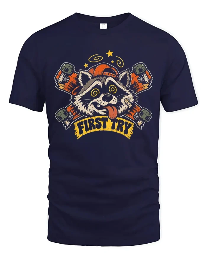 First Try Raccoon Skater Funny Cartoon Art T-Shirt - navy t-shirt on white background