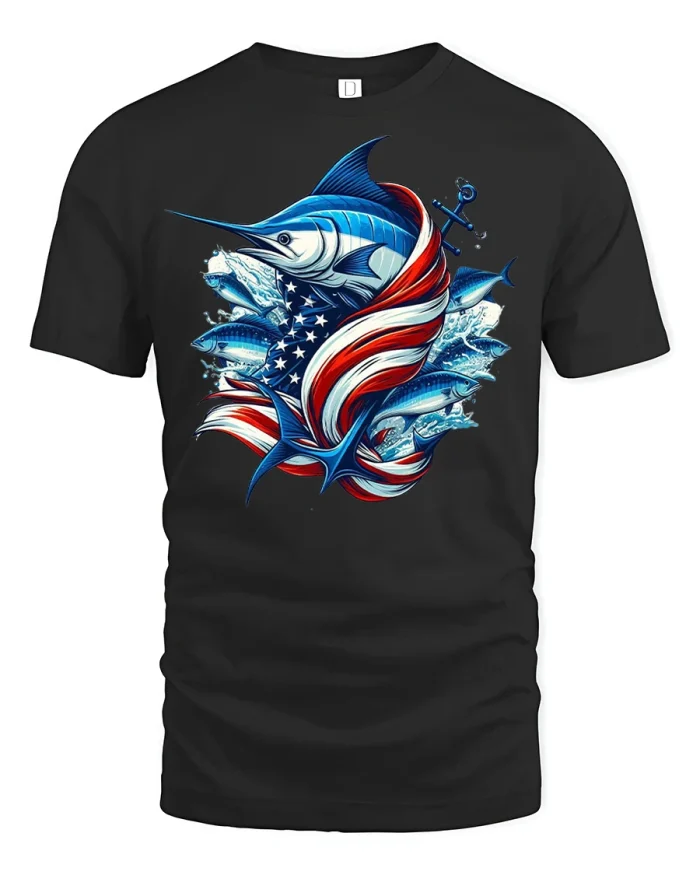 Patriotic Marlin and Tuna Fishing Tee - black t-shirt on white background