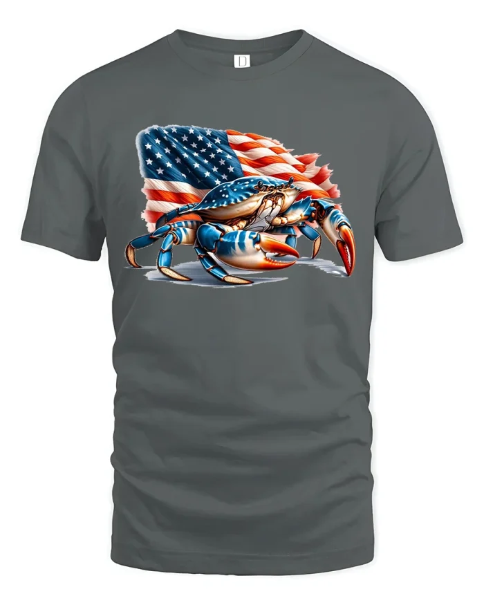 American Flag Blue Crab Graphic T-shirt - gray t-shirt on white background