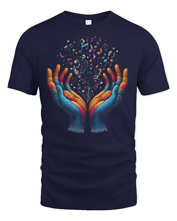 Colorful Hands Music Notes T-Shirt - navy t-shirt on white background
