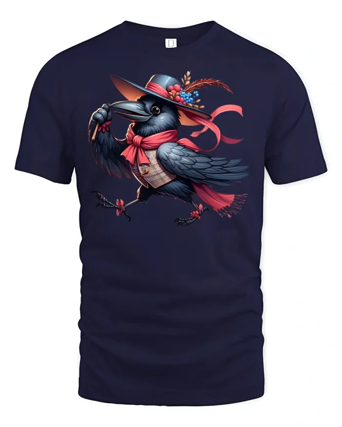 Elegant Dressed Crow Art Tee - navy t-shirt on white background