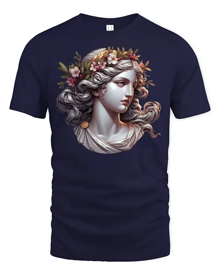 Greek Goddess Floral Art Tee - navy t-shirt on white background