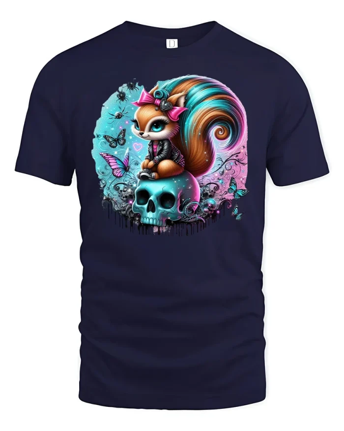 Gothic Squirrel on Skull T-shirt - navy t-shirt on white background