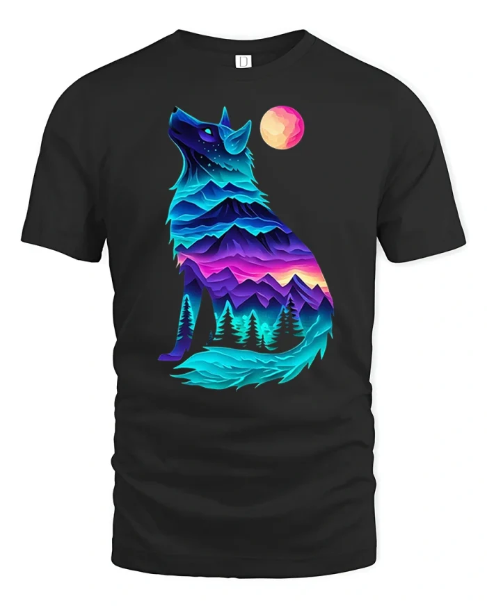 Neon Wolf Mountain Landscape Tee - black t-shirt on white background