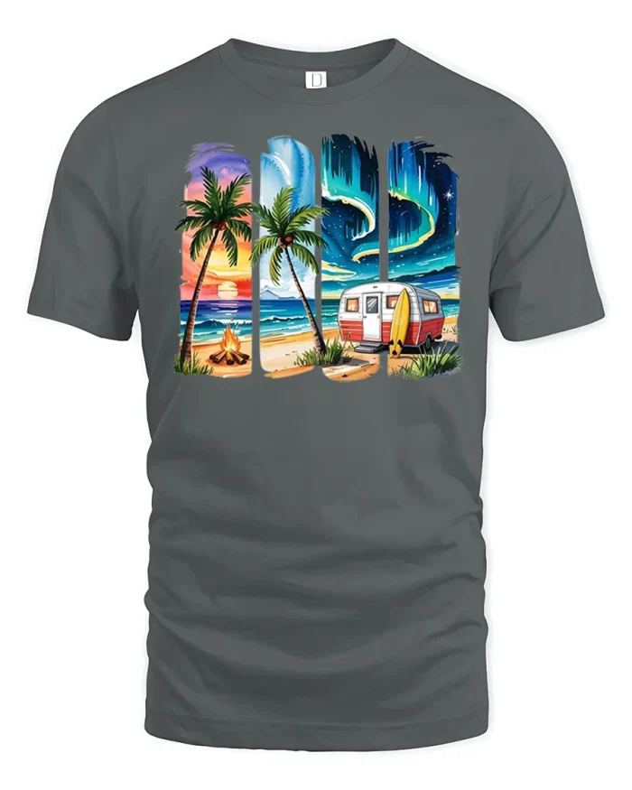 Camper Van Beach Sunset Tee - gray t-shirt on white background