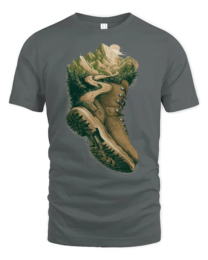Hiking Boot Mountain Trail Tee - gray t-shirt on white background