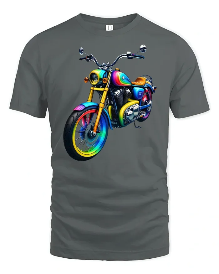 Retro Rainbow Motorcycle Rider T-shirt - gray t-shirt on white background