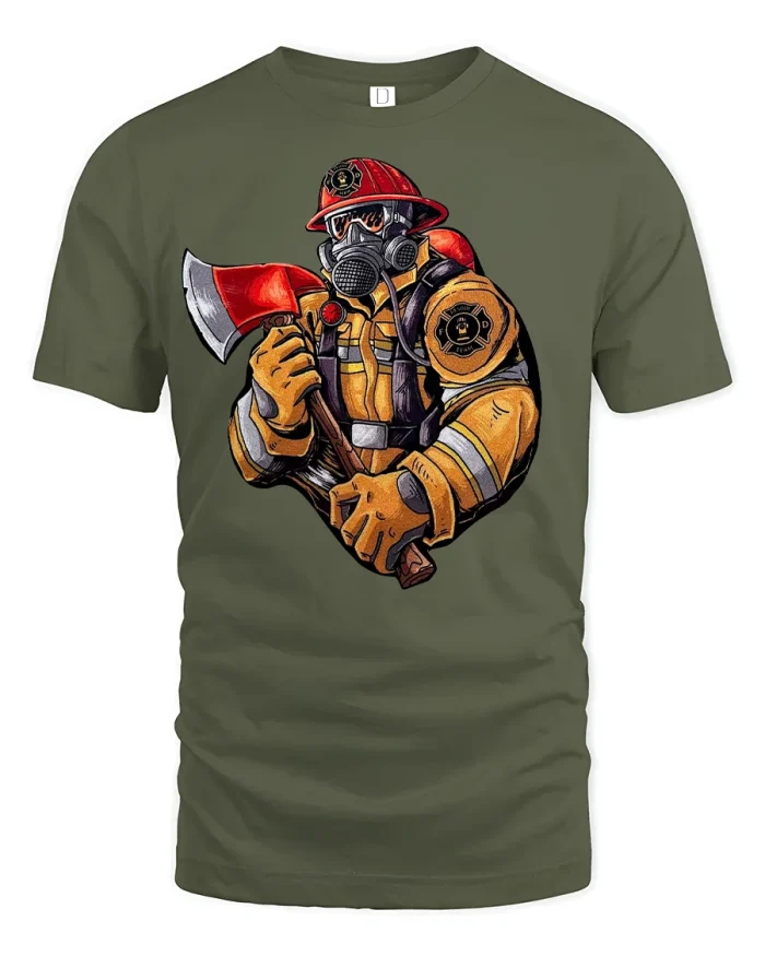 Heroic Firefighter T-Shirt - military green t-shirt on white background
