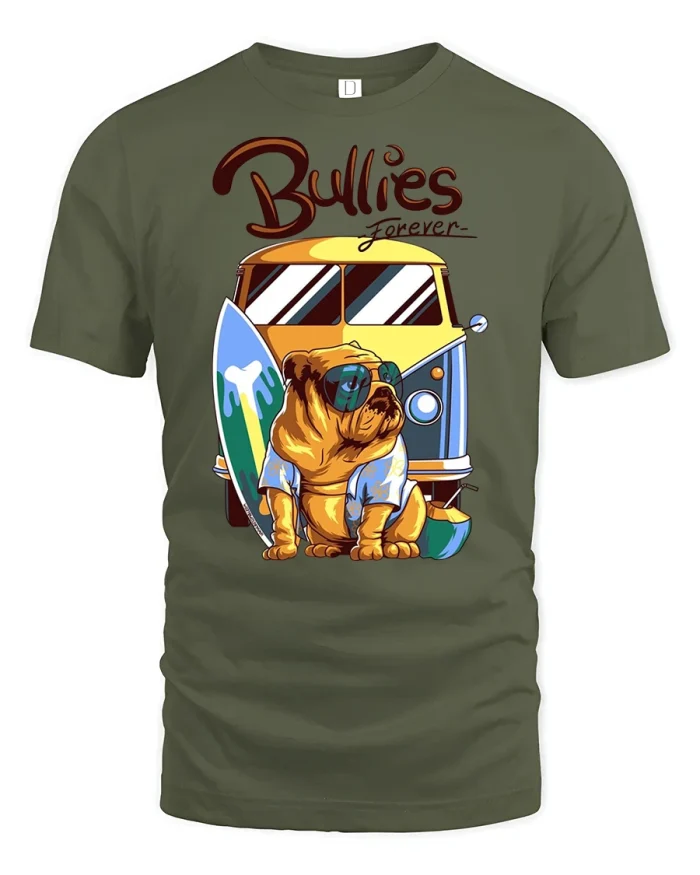Surfing Bulldog Tee with Beach Van - military green t-shirt on white background