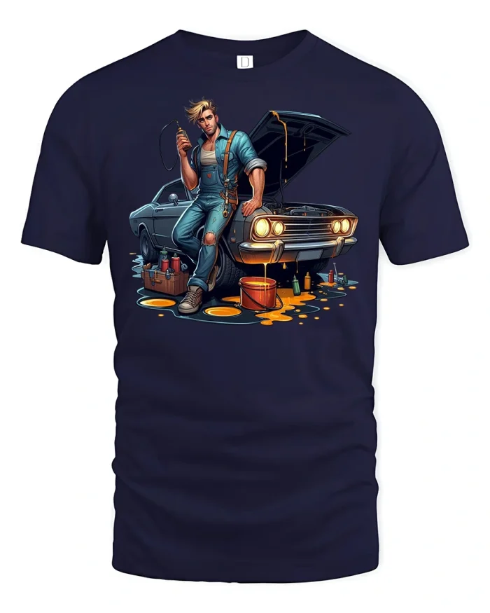 Retro Car Mechanic Tee - navy t-shirt on white background