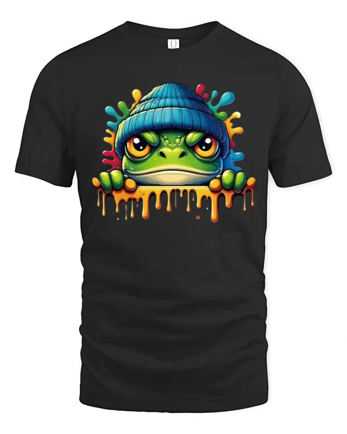 Cool Frog in Beanie Tee - black t-shirt on white background