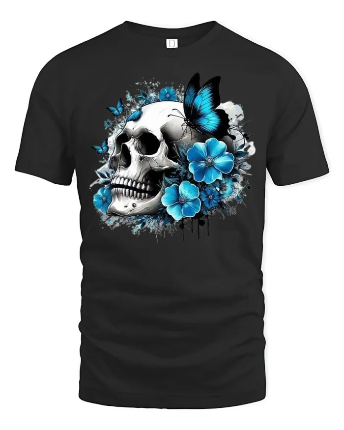 Skull and Blue Butterfly Gothic Art T-Shirt - black t-shirt on white background