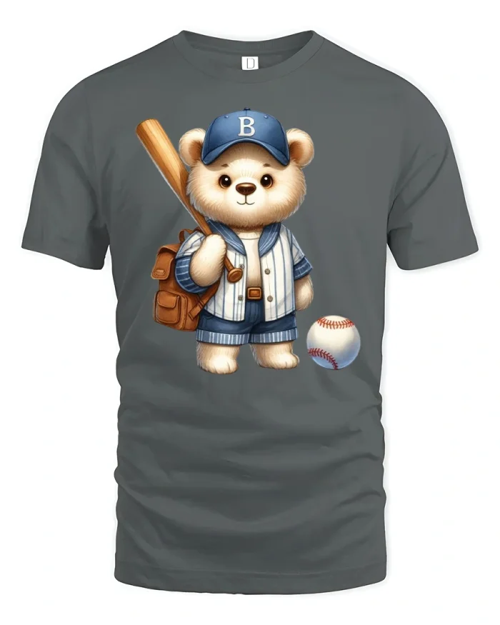 Cute Baseball Teddy Bear Player Tee - gray t-shirt on white background