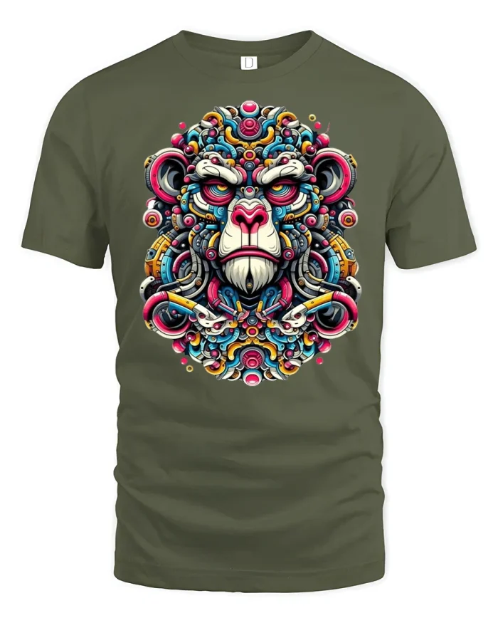 Neon Jungle Monkey Face Streetwear Tee - military green t-shirt on white background
