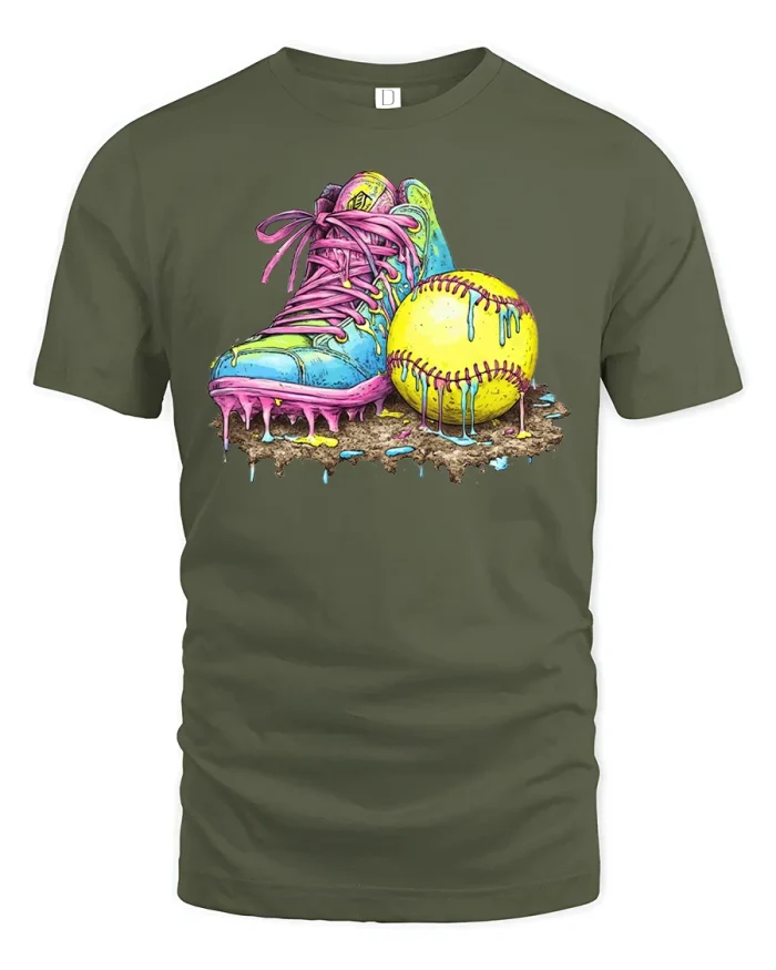 Softball Cleats and Ball Graphic Tee - military green t-shirt on white background