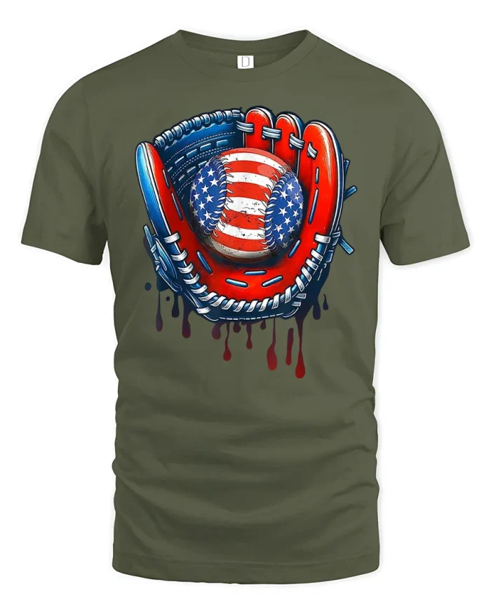 Patriotic Baseball Glove and Flag Tee - military green t-shirt on white background