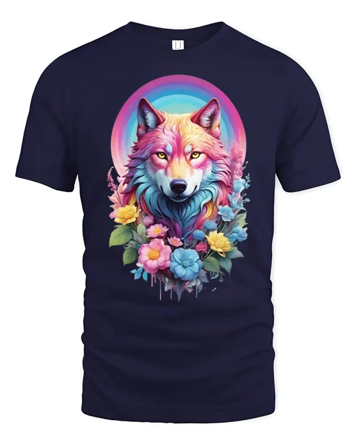 Wolf and Wildflowers Color Splash Tee - navy t-shirt on white background