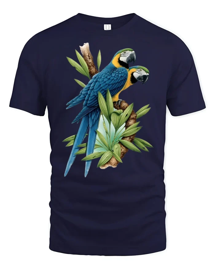 Tropical Parrot Duo Jungle Art Tee - navy t-shirt on white background