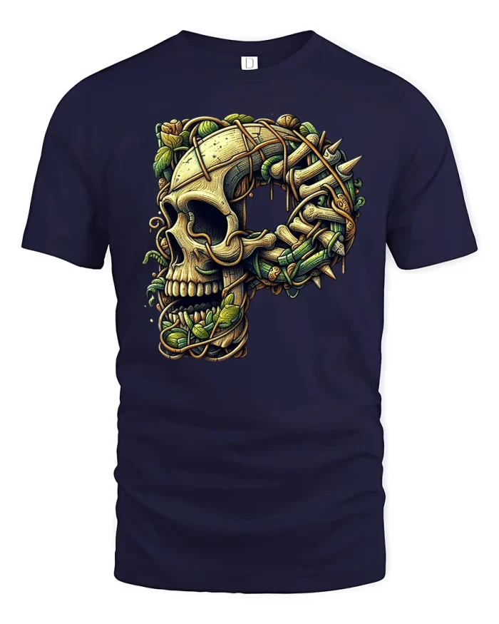 Gothic Skull and Vines Graphic Tee - navy t-shirt on white background