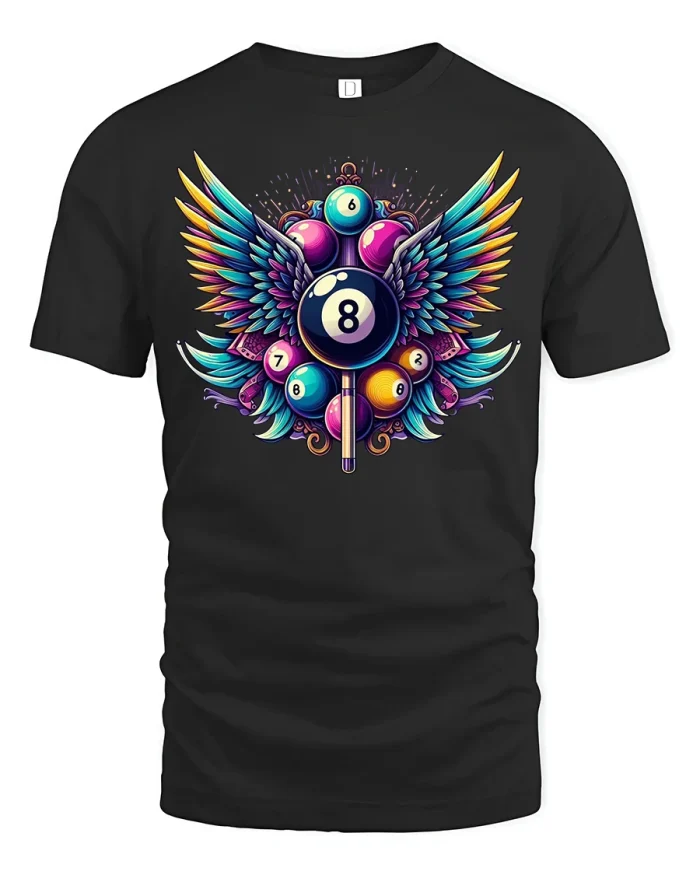 Winged 8 Ball Billiards Pool T-shirt - black t-shirt on white background