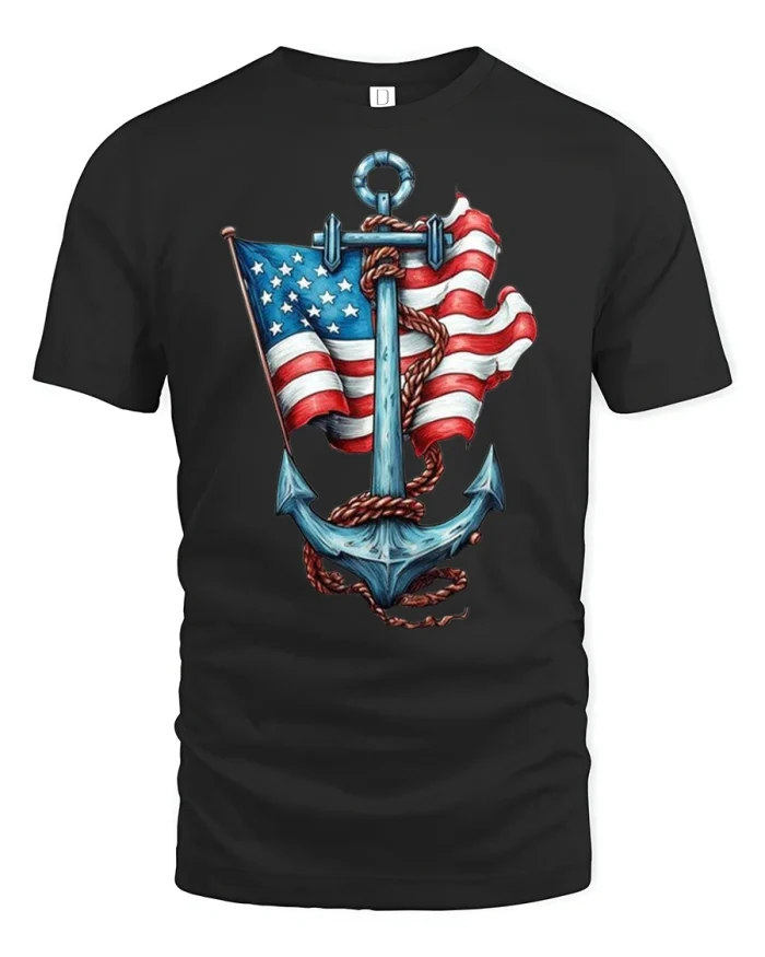 American Flag Anchor Patriotic Tee - black t-shirt on white background