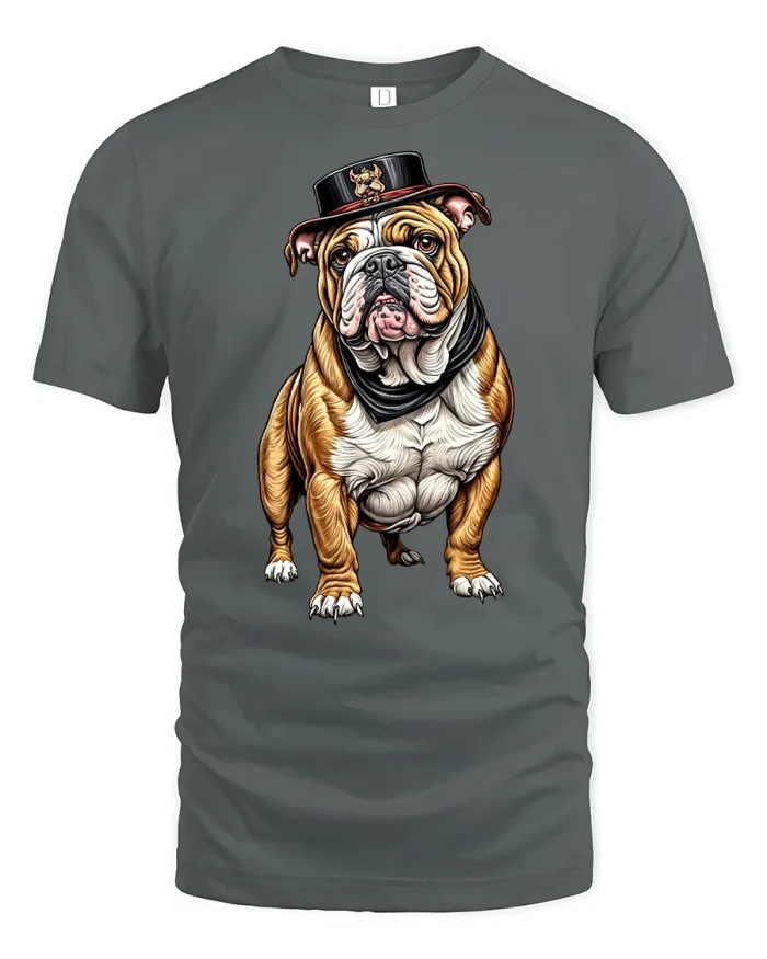 Funny Bulldog with Top Hat T-shirt - gray t-shirt on white background