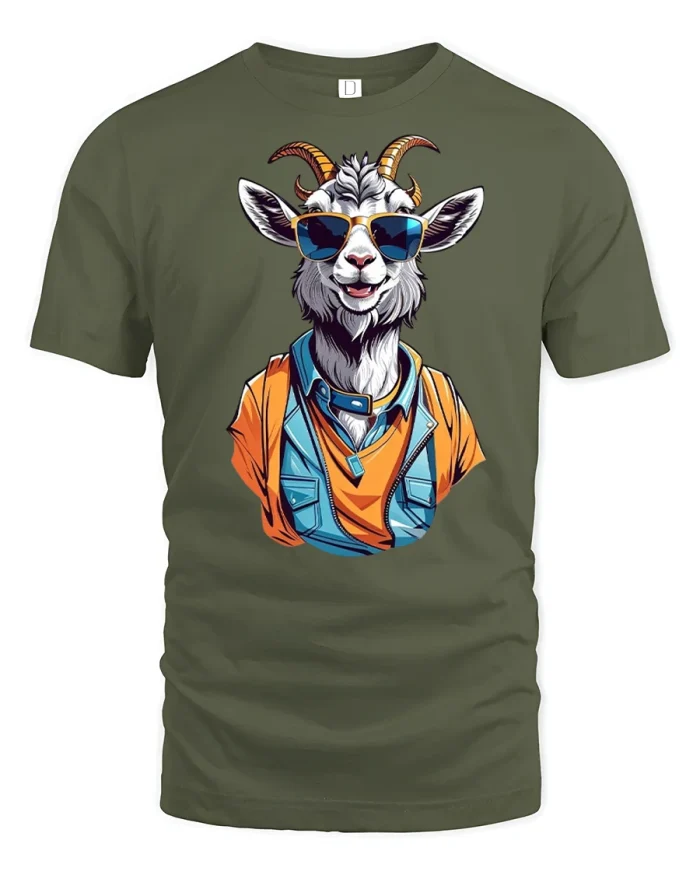 Cool Goat Sunglasses Funny T-Shirt - military green t-shirt on white background