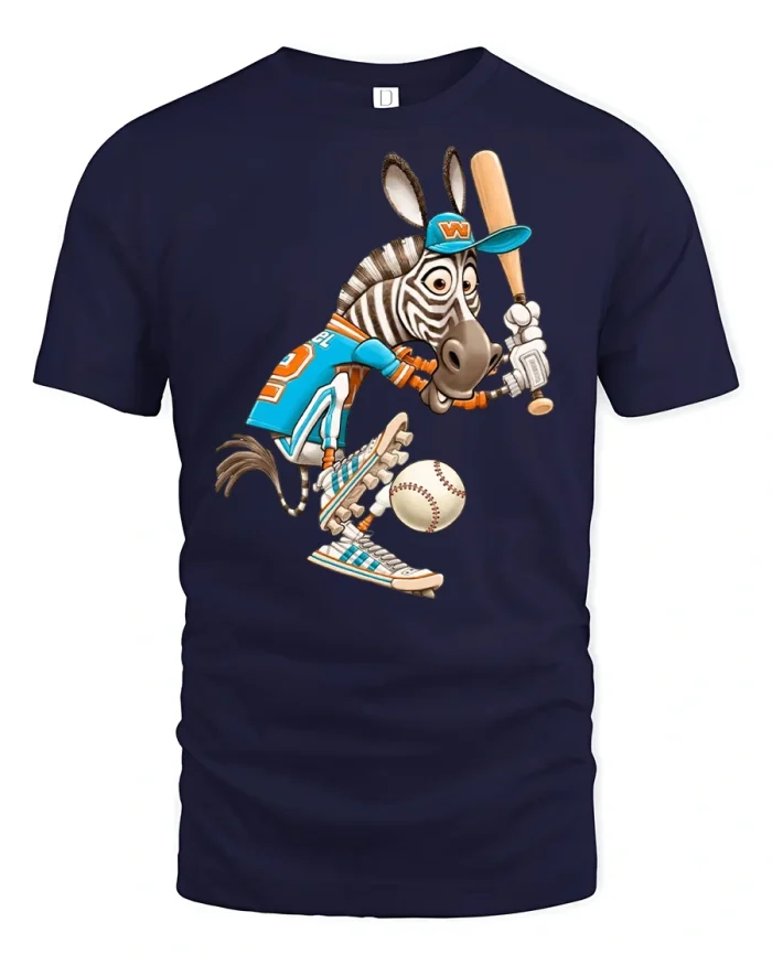 Funny Zebra Baseball Cartoon Player Tee - navy t-shirt on white background