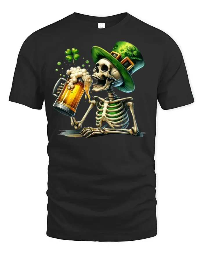 Funny Skeleton Beer St. Patrick’s Day T-Shirt - black t-shirt on white background