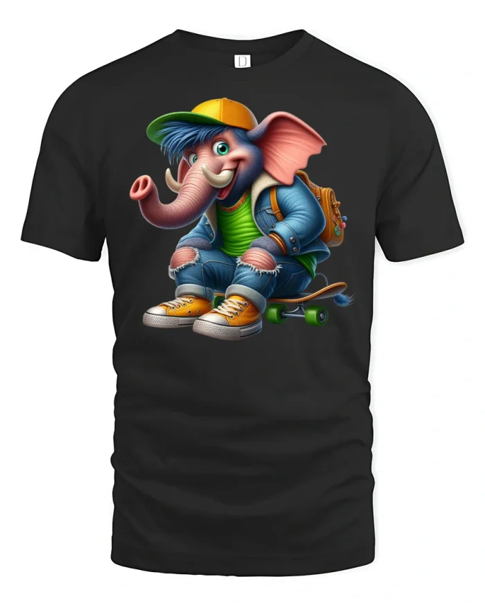 Cool Skateboarding Elephant Funny Tee - black t-shirt on white background