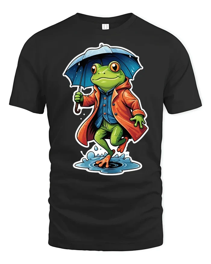 Funny Frog in Raincoat Umbrella T-shirt - black t-shirt on white background