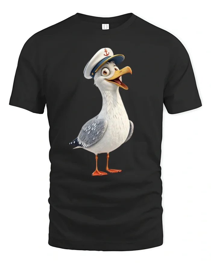 Funny Sailor Seagull Cartoon Captain Tee - black t-shirt on white background