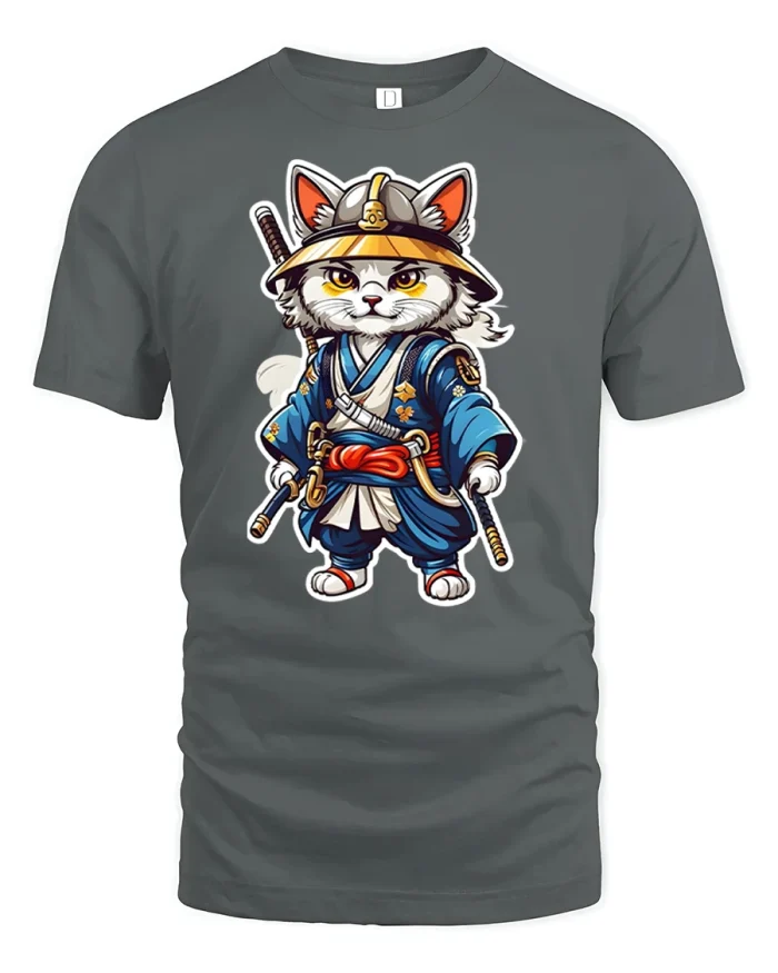 Samurai Cat Warrior Graphic T-Shirt - gray t-shirt on white background