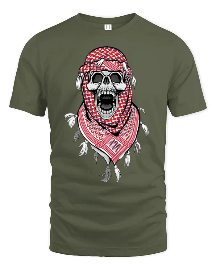 Skull Warrior Keffiyeh Graphic T-Shirt - military green t-shirt on white background