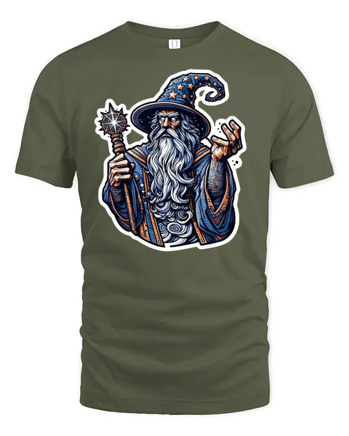 Mystic Wizard Graphic T-Shirt - military green t-shirt on white background