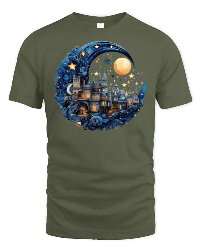 Enchanted Moon Castle Fantasy Tee - military green t-shirt on white background
