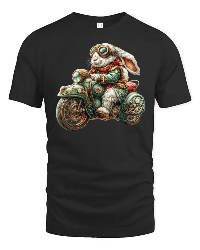 Cool Biker Bunny Riding Motorcycle - black t-shirt on white background