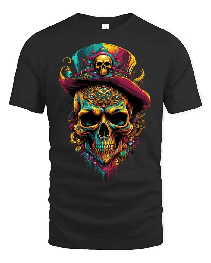 Neon Skull Top Hat Gothic Art Tee - black t-shirt on white background
