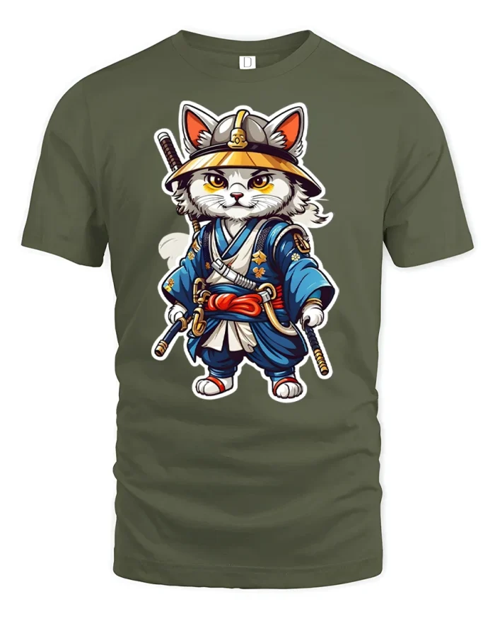 Samurai Cat Warrior Cool Anime Tee - military green t-shirt on white background