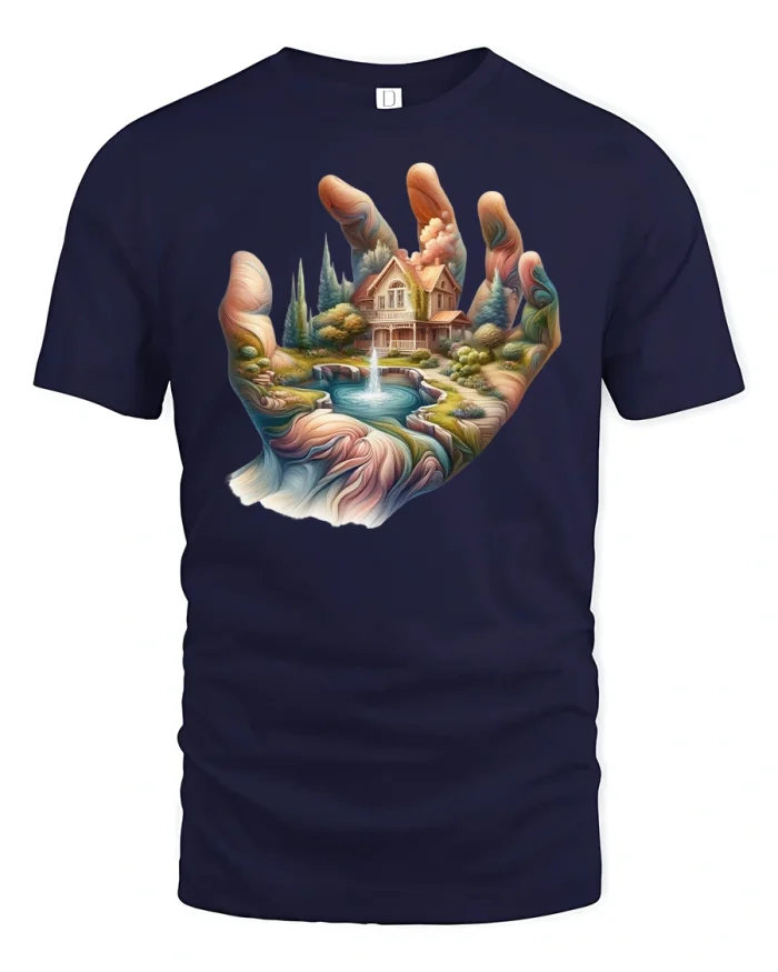 Surreal Hand Holding House Fantasy T-Shirt - navy t-shirt on white background