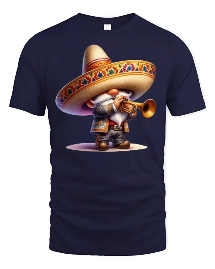 Mariachi Gnome Playing Trumpet Tee - navy t-shirt on white background