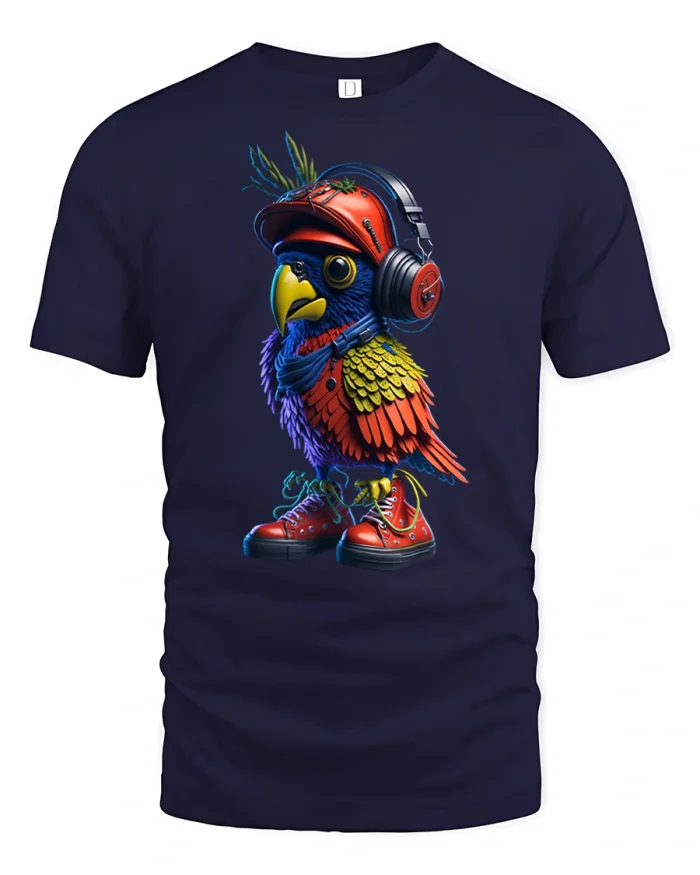 Hip Hop Parrot Graphic T-Shirt - navy t-shirt on white background